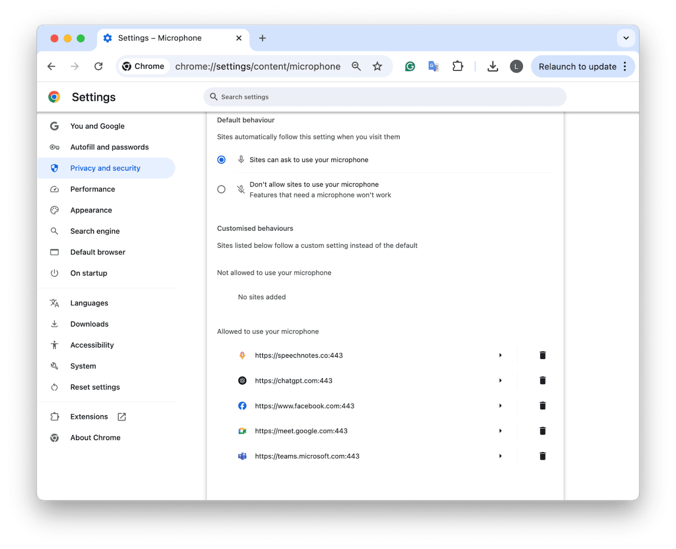Chrome Settings > Privacy & Security > Site Settings